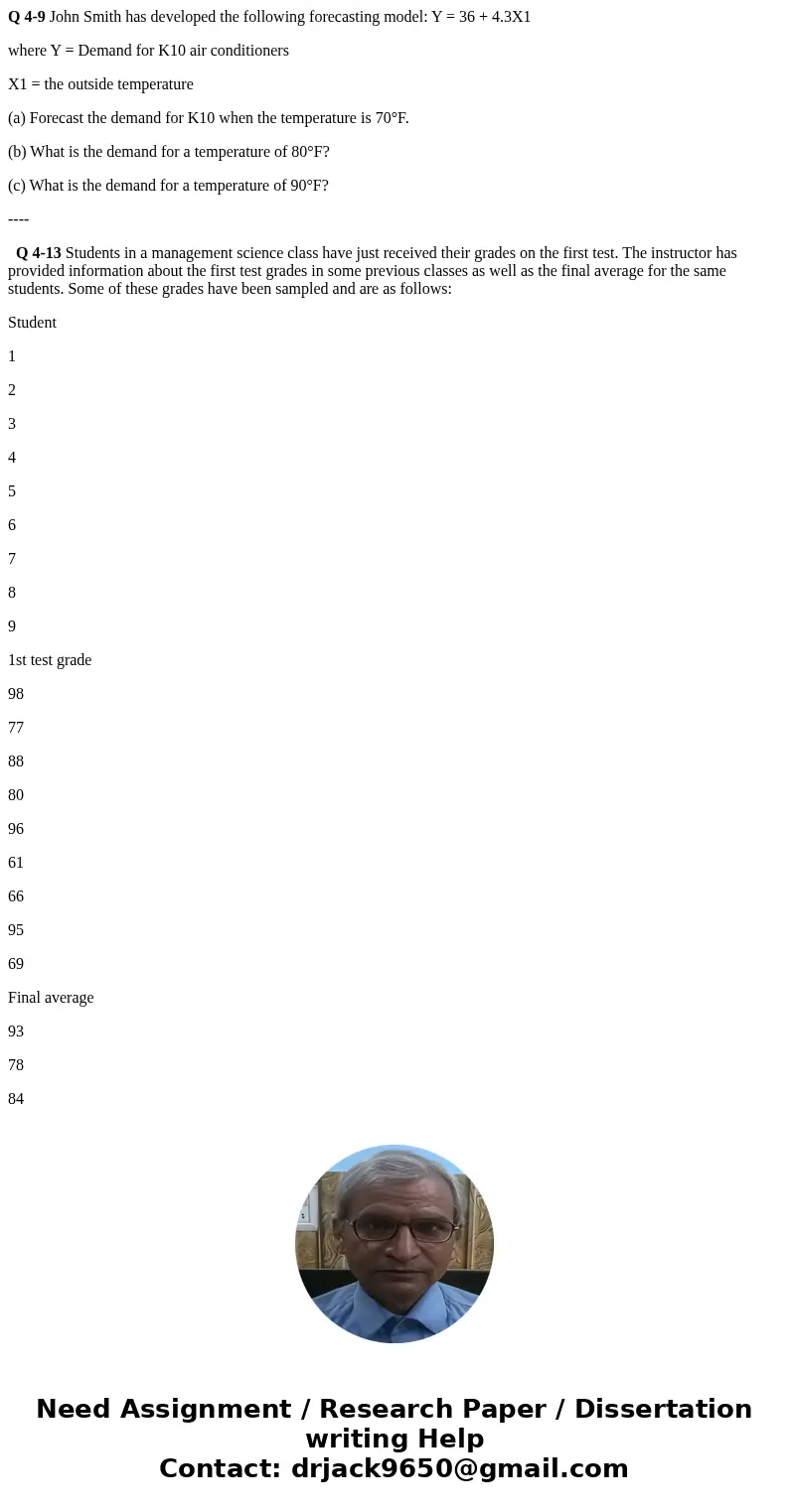 Q 4-9 John Smith has developed the following forecasting model: Y = 36 + 4.3X1 where Y = Demand for K10 air conditioners X1 = the outside temperature (a) Foreca Q 4-9 John Smith has developed the following forecasting model: Y = 36 + 4.3X1 where Y = Demand for K10 air conditioners X1 = the outside temperature (a) Foreca