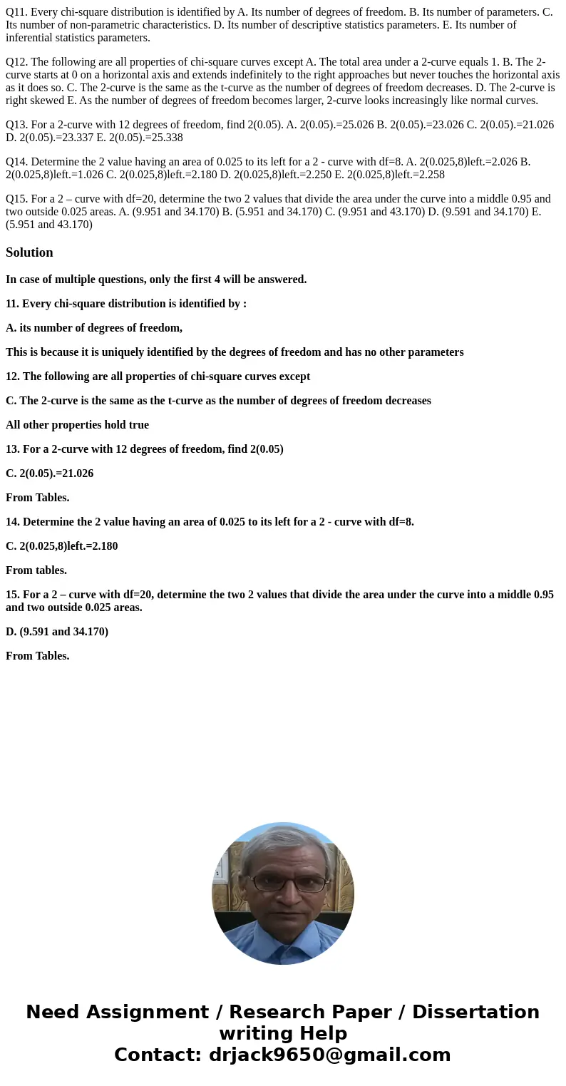 Q11. Every chi-square distribution is identified by A. Its number of degrees of freedom. B. Its number of parameters. C. Its number of non-parametric characteri Q11. Every chi-square distribution is identified by A. Its number of degrees of freedom. B. Its number of parameters. C. Its number of non-parametric characteri
