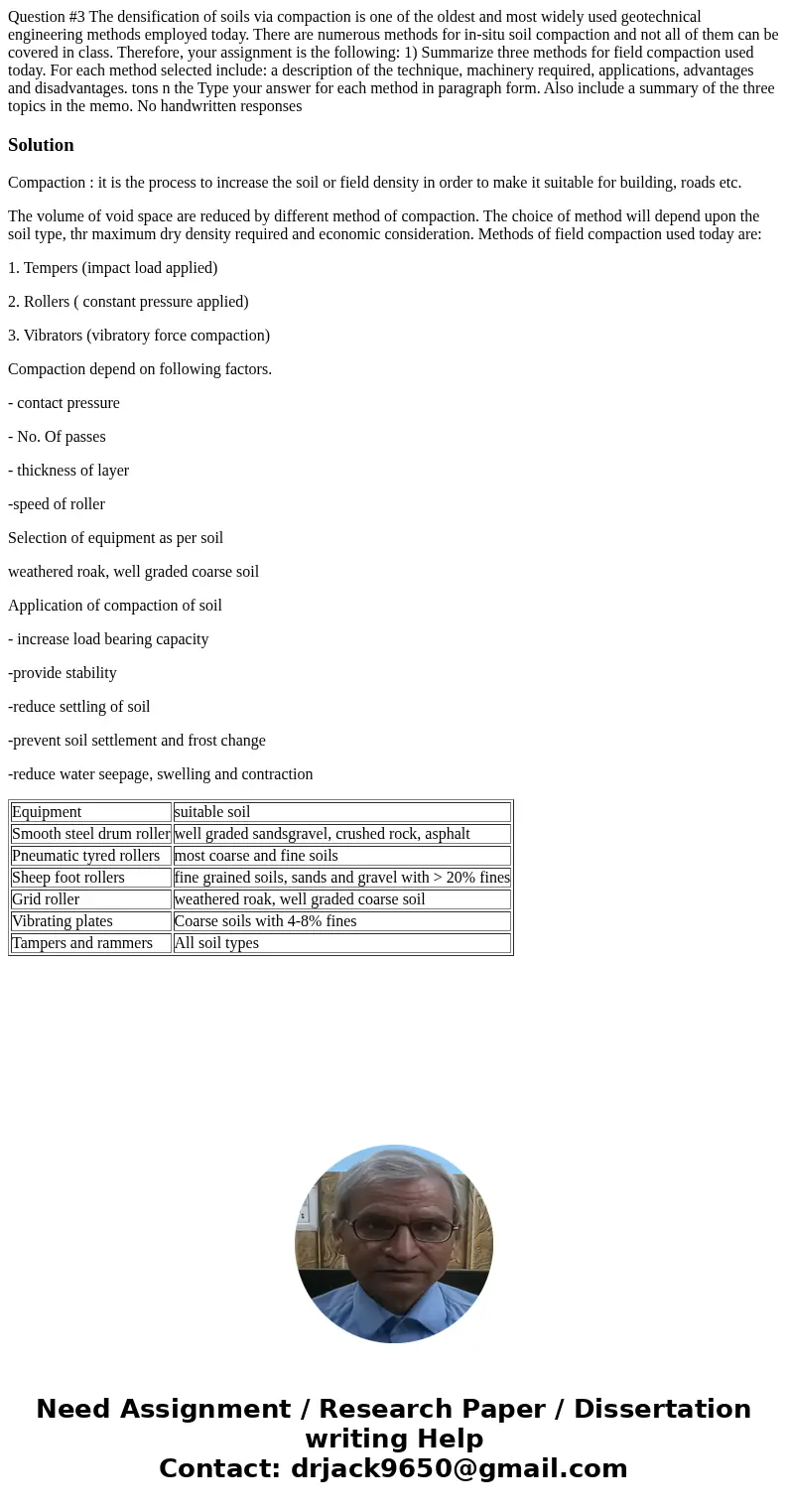  Question #3 The densification of soils via compaction is one of the oldest and most widely used geotechnical engineering methods employed today. There are nume