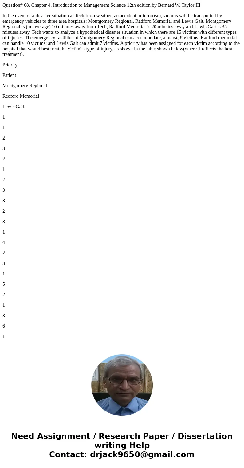 Question# 68. Chapter 4. Introduction to Management Science 12th edition by Bernard W. Taylor III In the event of a disaster situation at Tech from weather, an 