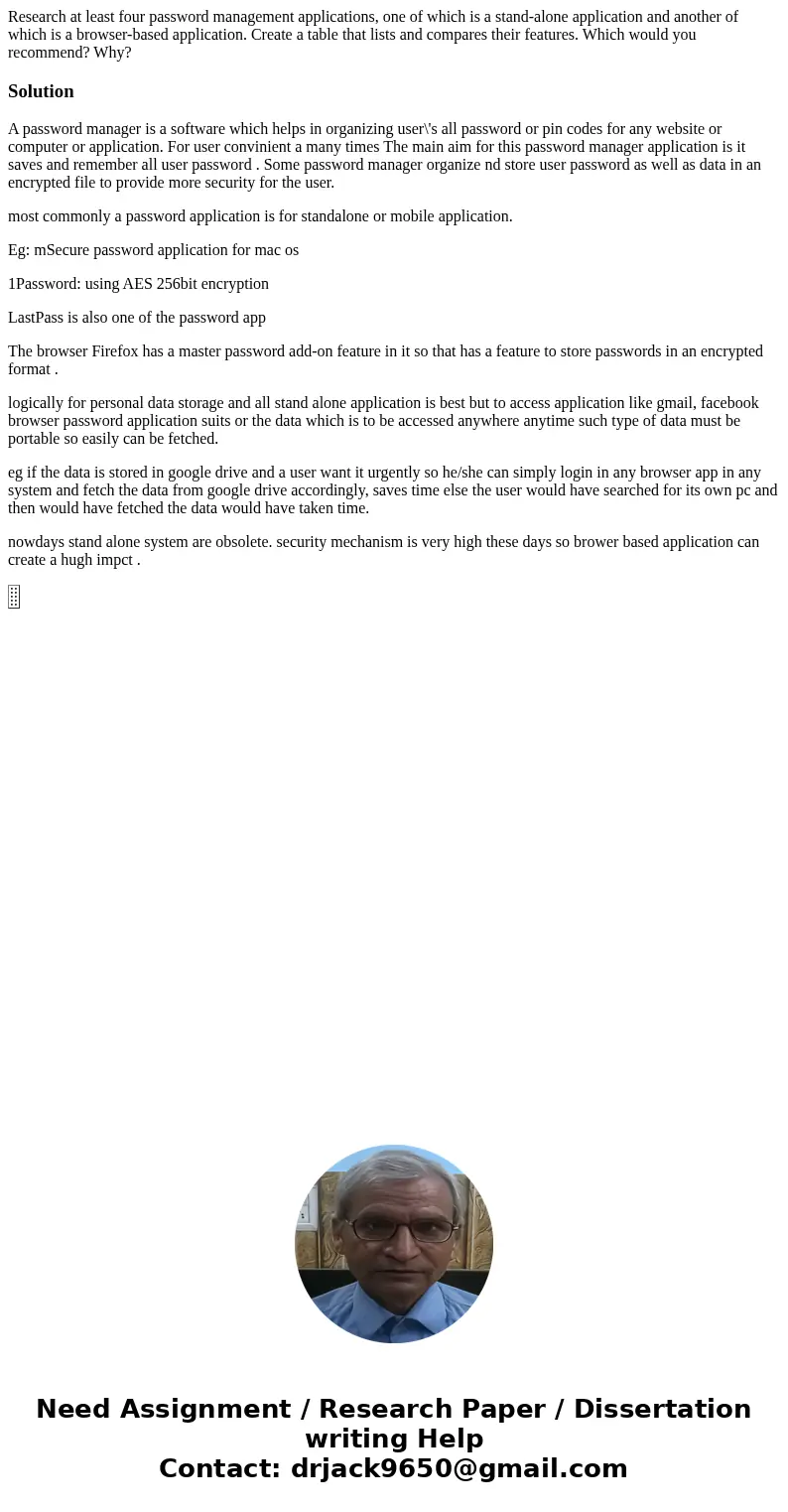 Research at least four password management applications, one of which is a stand-alone application and another of which is a browser-based application. Create a Research at least four password management applications, one of which is a stand-alone application and another of which is a browser-based application. Create a