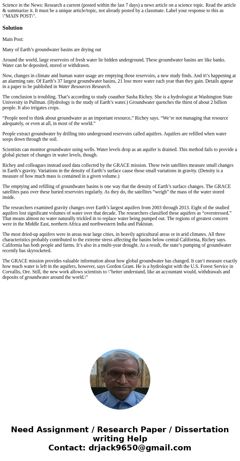 Science in the News: Research a current (posted within the last 7 days) a news article on a science topic. Read the article & summarize it. It must be a uni Science in the News: Research a current (posted within the last 7 days) a news article on a science topic. Read the article & summarize it. It must be a uni