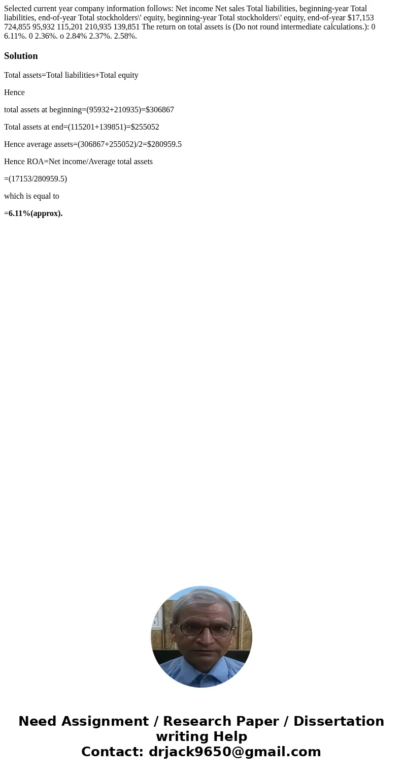 Selected current year company information follows: Net income Net sales Total liabilities, beginning-year Total liabilities, end-of-year Total stockholders\' e  Selected current year company information follows: Net income Net sales Total liabilities, beginning-year Total liabilities, end-of-year Total stockholders\' e