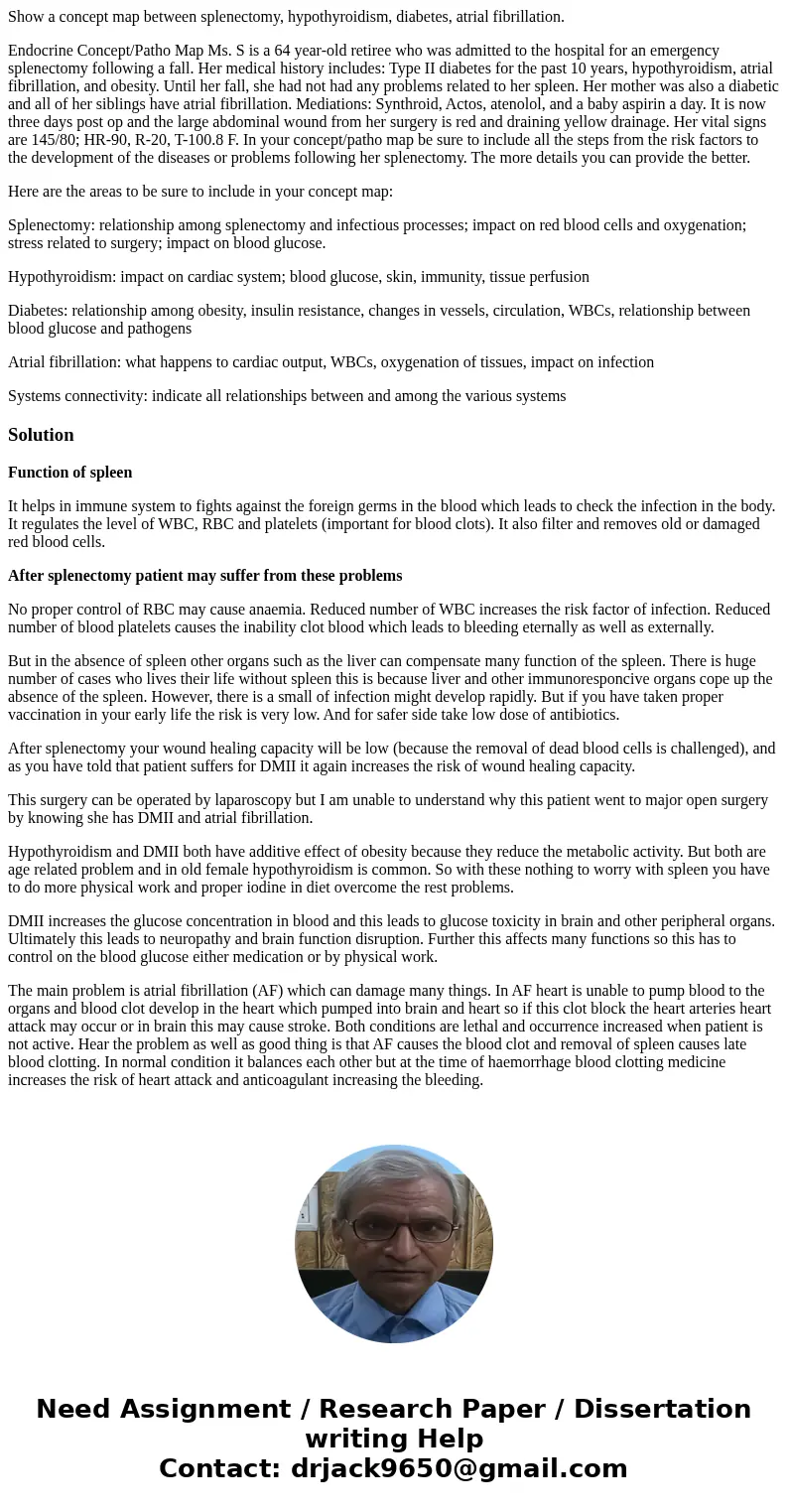 Show a concept map between splenectomy, hypothyroidism, diabetes, atrial fibrillation. Endocrine Concept/Patho Map Ms. S is a 64 year-old retiree who was admitt Show a concept map between splenectomy, hypothyroidism, diabetes, atrial fibrillation. Endocrine Concept/Patho Map Ms. S is a 64 year-old retiree who was admitt