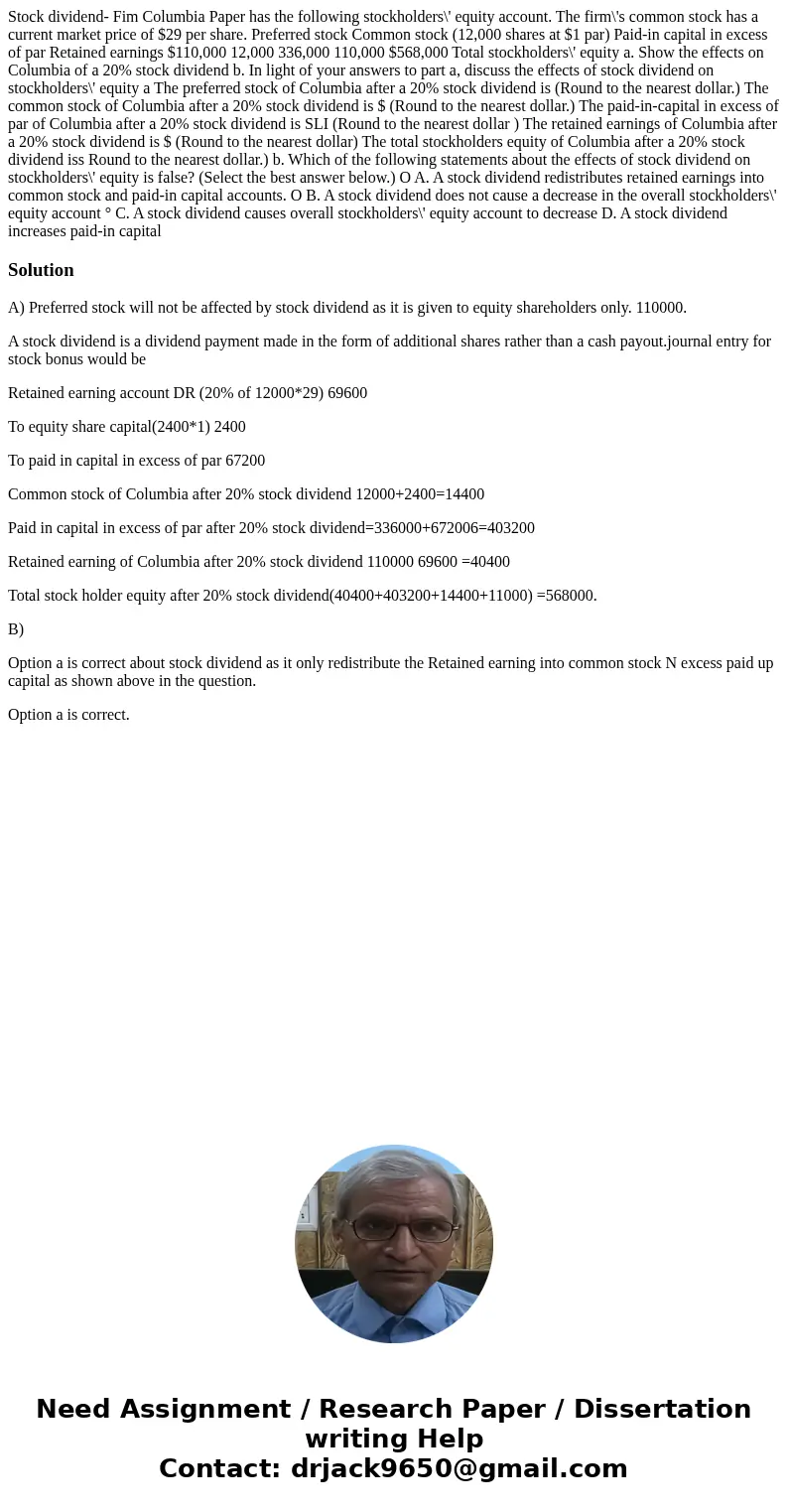  Stock dividend- Fim Columbia Paper has the following stockholders\' equity account. The firm\'s common stock has a current market price of $29 per share. Prefe