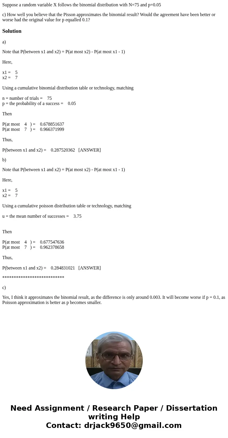 Suppose a random variable X follows the binomial distribution with N=75 and p=0.05 c) How well you believe that the Pisson approximates the binomial result? Wou Suppose a random variable X follows the binomial distribution with N=75 and p=0.05 c) How well you believe that the Pisson approximates the binomial result? Wou