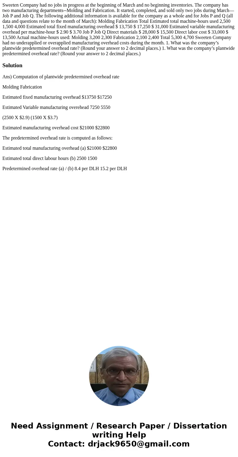 Sweeten Company had no jobs in progress at the beginning of March and no beginning inventories. The company has two manufacturing departments--Molding and Fabri Sweeten Company had no jobs in progress at the beginning of March and no beginning inventories. The company has two manufacturing departments--Molding and Fabri