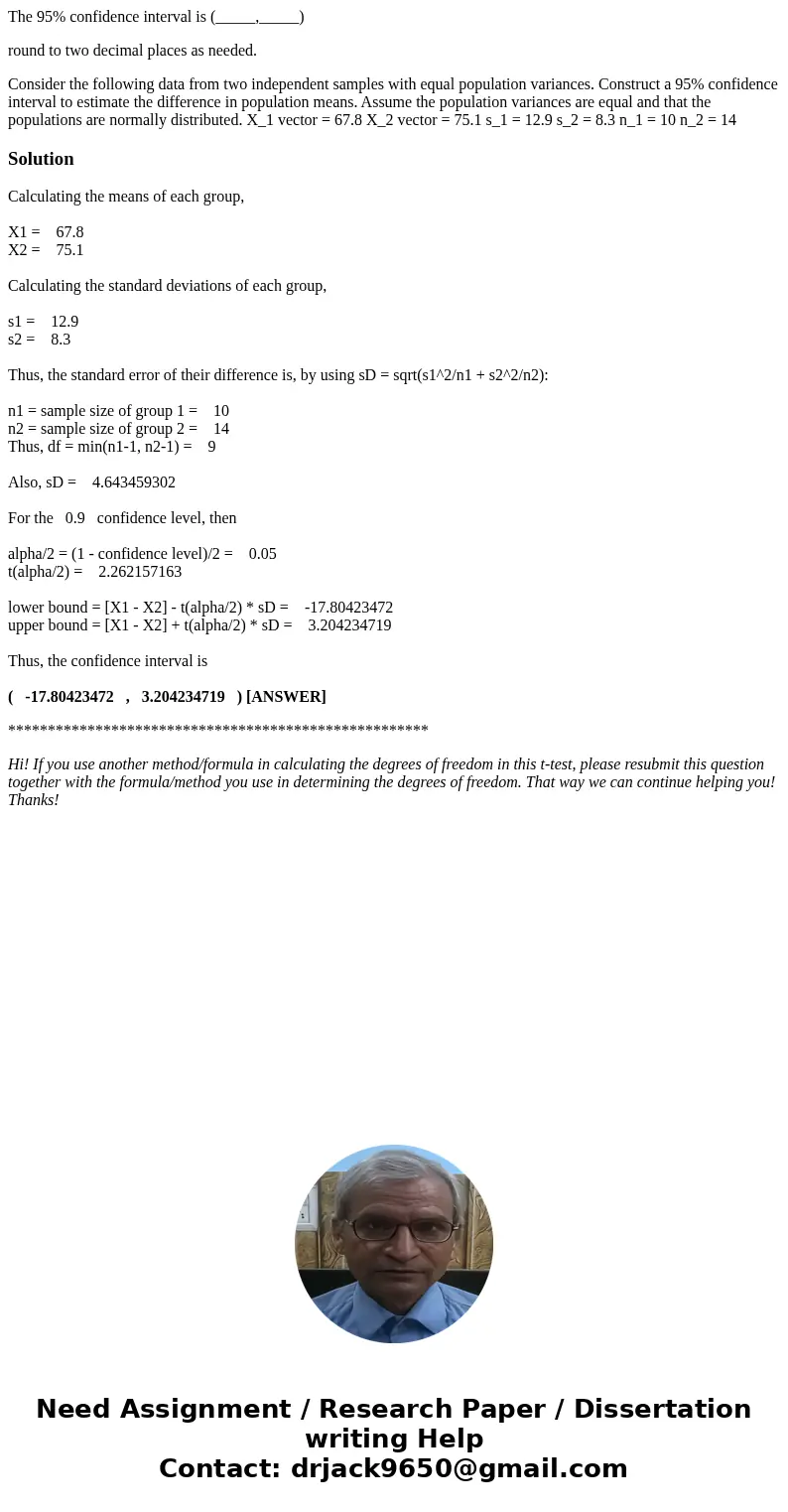 The 95% confidence interval is (_____,_____) round to two decimal places as needed. Consider the following data from two independent samples with equal populati The 95% confidence interval is (_____,_____) round to two decimal places as needed. Consider the following data from two independent samples with equal populati