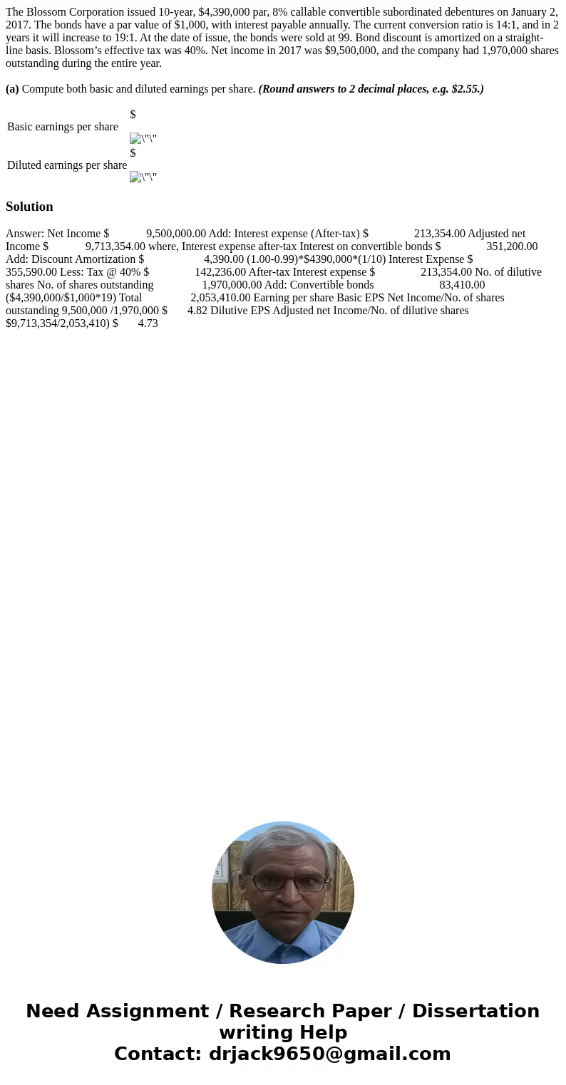 The Blossom Corporation issued 10-year, $4,390,000 par, 8% callable convertible subordinated debentures on January 2, 2017. The bonds have a par value of $1,000