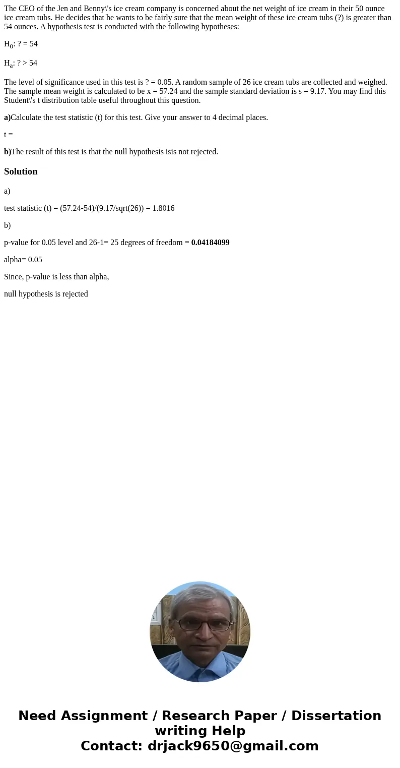 The CEO of the Jen and Benny\'s ice cream company is concerned about the net weight of ice cream in their 50 ounce ice cream tubs. He decides that he wants to b The CEO of the Jen and Benny\'s ice cream company is concerned about the net weight of ice cream in their 50 ounce ice cream tubs. He decides that he wants to b