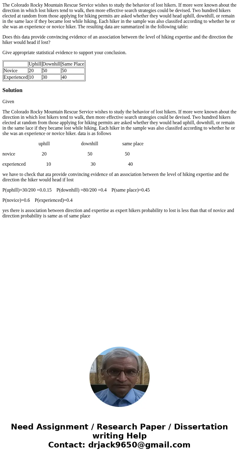 The Colorado Rocky Mountain Rescue Service wishes to study the behavior of lost hikers. If more were known about the direction in which lost hikers tend to walk The Colorado Rocky Mountain Rescue Service wishes to study the behavior of lost hikers. If more were known about the direction in which lost hikers tend to walk