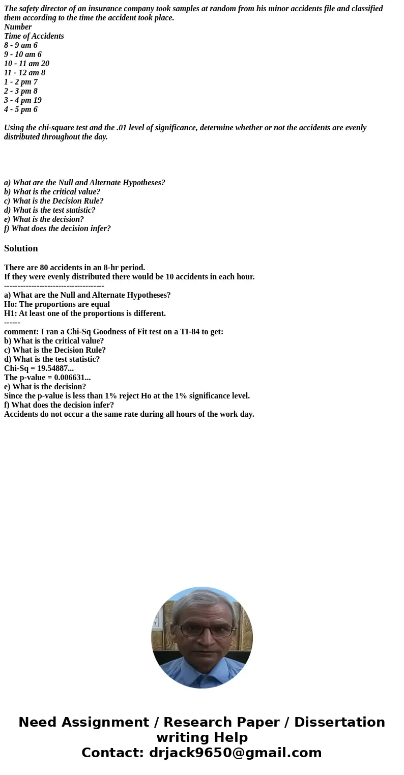 The safety director of an insurance company took samples at random from his minor accidents file and classified them according to the time the accident took pla The safety director of an insurance company took samples at random from his minor accidents file and classified them according to the time the accident took pla