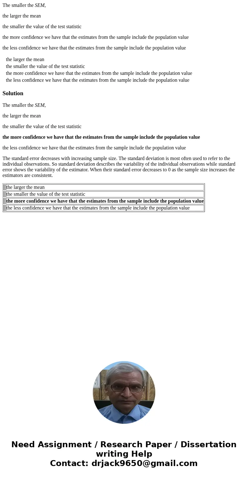 The smaller the SEM, the larger the mean the smaller the value of the test statistic the more confidence we have that the estimates from the sample include the  The smaller the SEM, the larger the mean the smaller the value of the test statistic the more confidence we have that the estimates from the sample include the