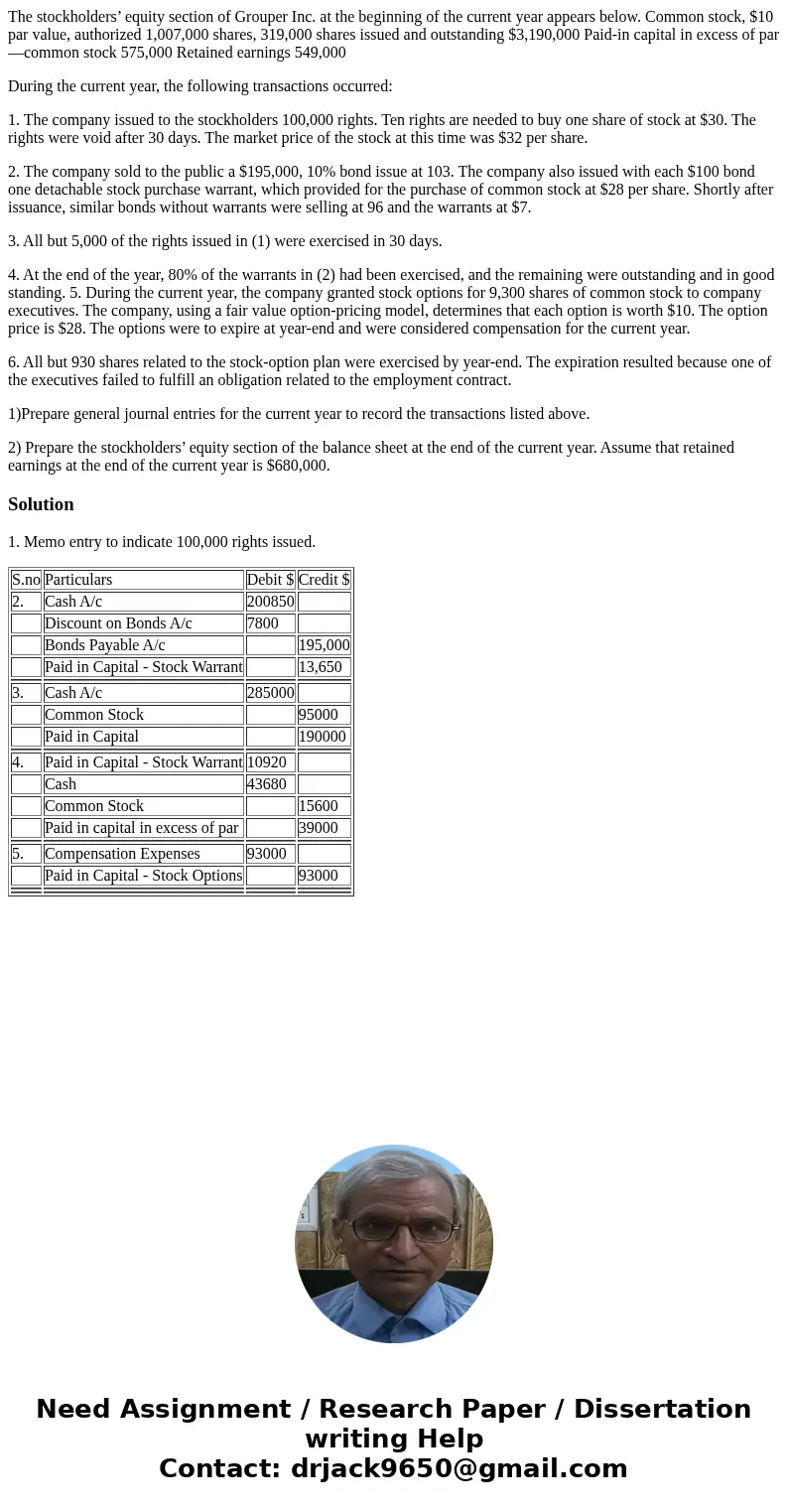 The stockholders’ equity section of Grouper Inc. at the beginning of the current year appears below. Common stock, $10 par value, authorized 1,007,000 shares, 3