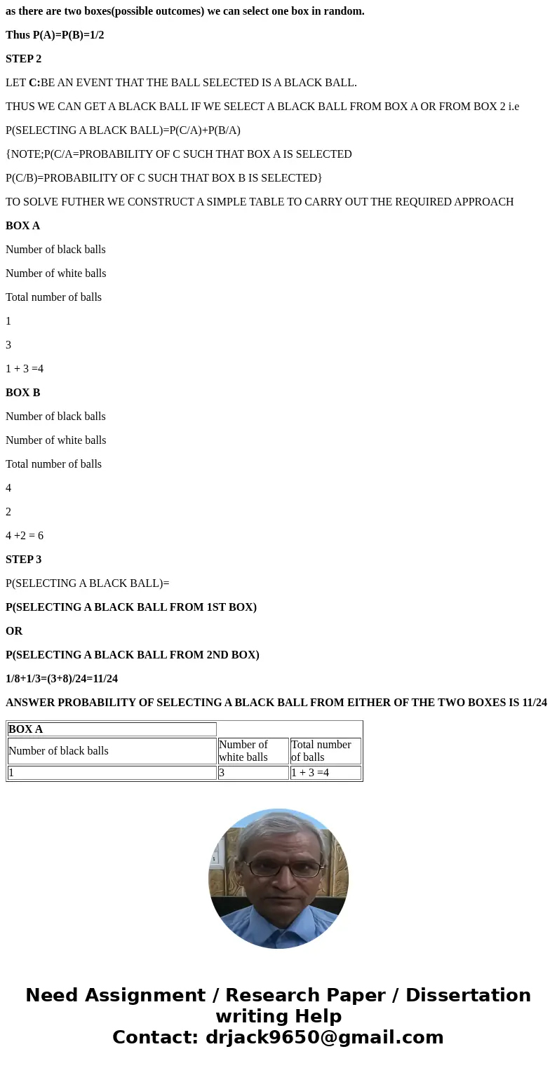  There are 2 equal boxes with balls. First box consists of 3 whites and 1 black . Second 2 white and 4 black . From randomly selected box have taken 1 ball. Wha