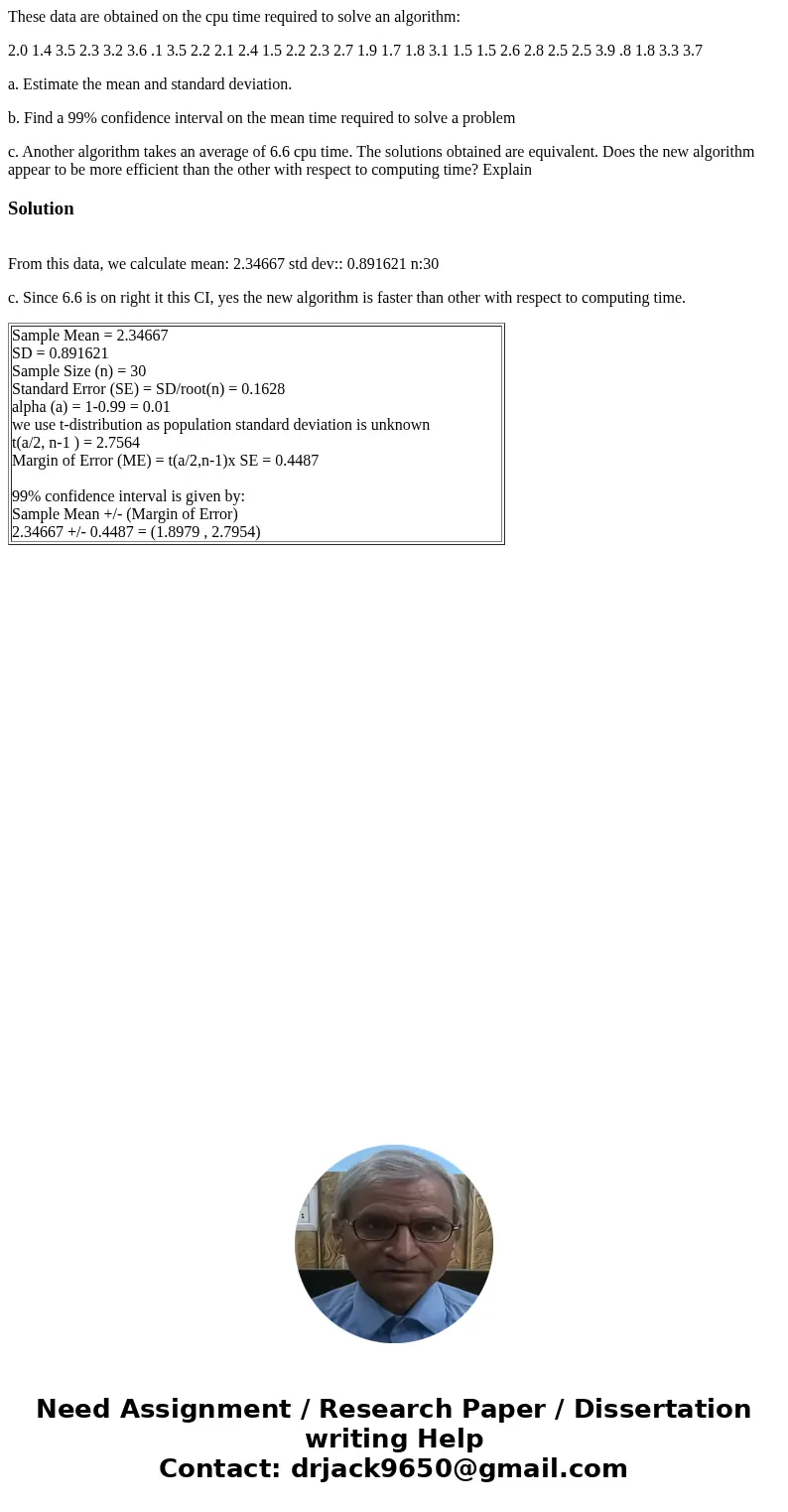These data are obtained on the cpu time required to solve an algorithm: 2.0 1.4 3.5 2.3 3.2 3.6 .1 3.5 2.2 2.1 2.4 1.5 2.2 2.3 2.7 1.9 1.7 1.8 3.1 1.5 1.5 2.6 2