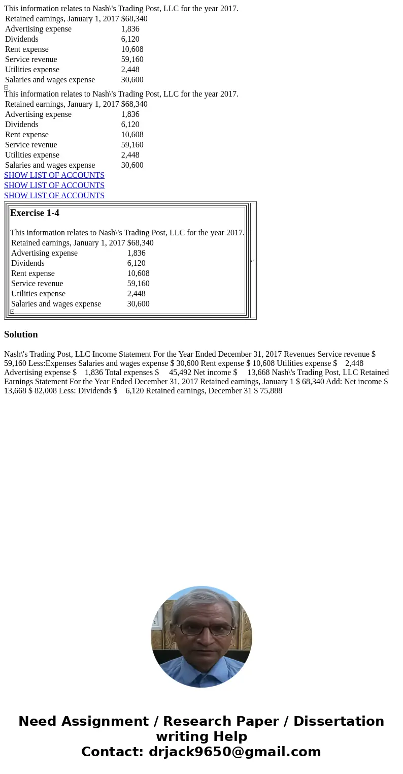  This information relates to Nash\'s Trading Post, LLC for the year 2017. Retained earnings, January 1, 2017 $68,340 Advertising expense 1,836 Dividends 6,120 R