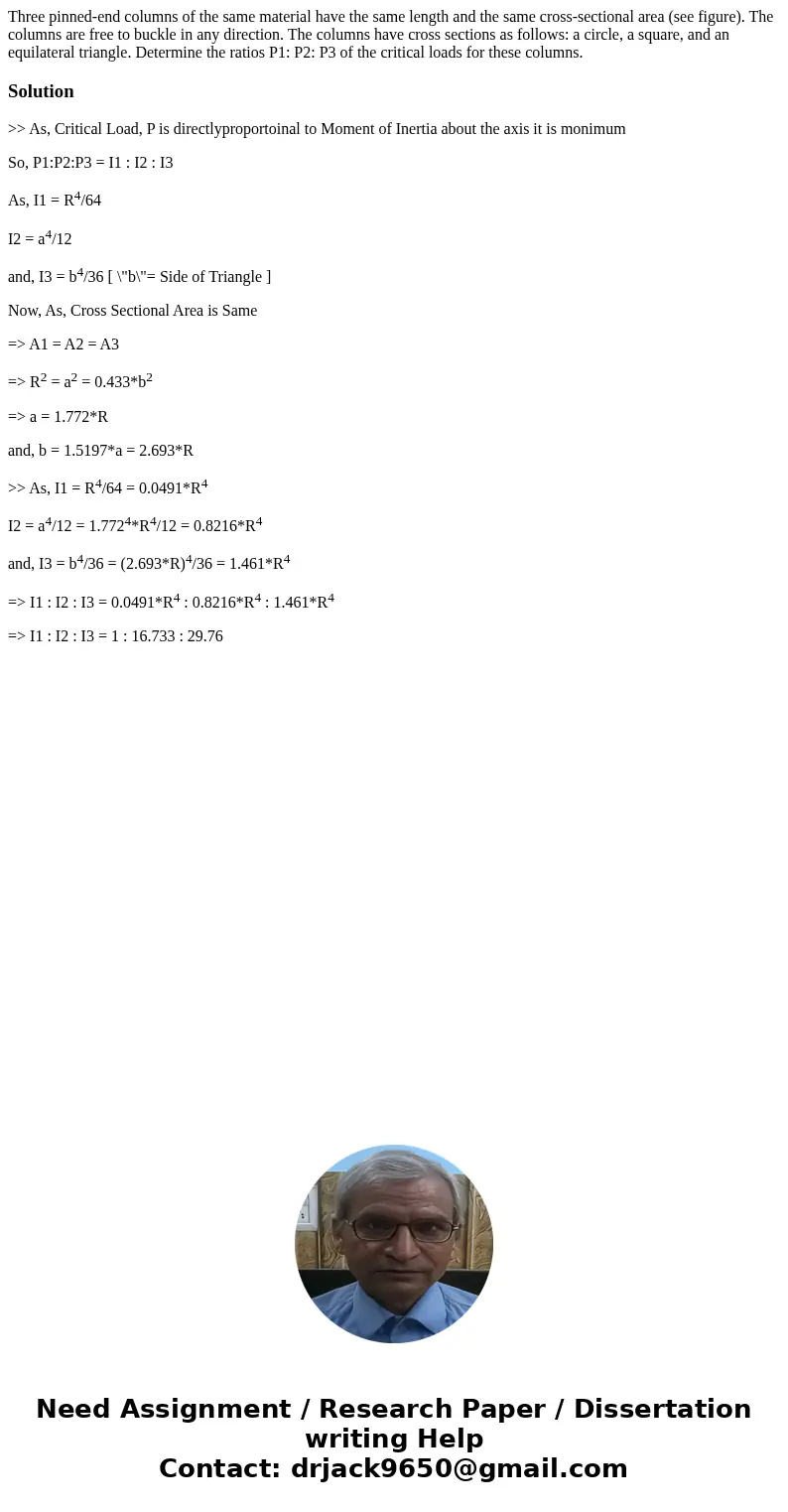 Three pinned-end columns of the same material have the same length and the same cross-sectional area (see figure). The columns are free to buckle in any direct  Three pinned-end columns of the same material have the same length and the same cross-sectional area (see figure). The columns are free to buckle in any direct