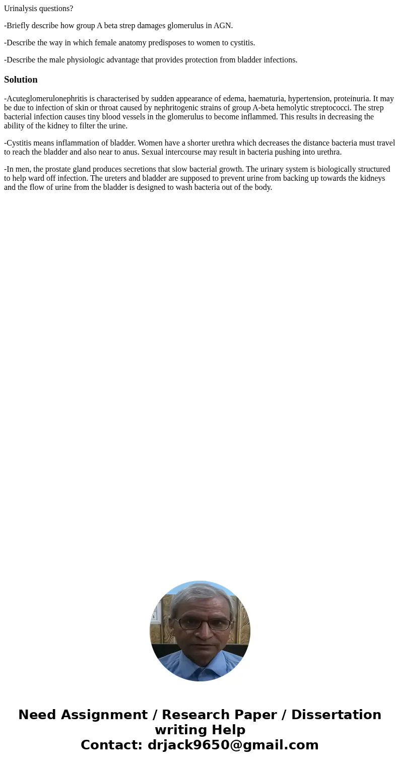 Urinalysis questions? -Briefly describe how group A beta strep damages glomerulus in AGN. -Describe the way in which female anatomy predisposes to women to cyst Urinalysis questions? -Briefly describe how group A beta strep damages glomerulus in AGN. -Describe the way in which female anatomy predisposes to women to cyst