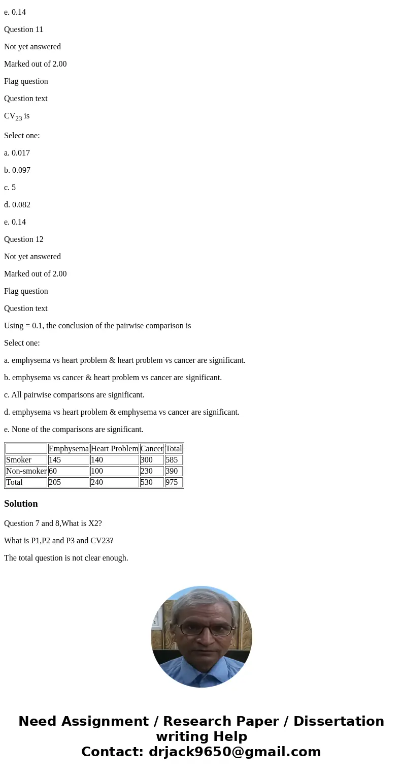 Use the following information to calculate your answers to questions 1 through 12. The table below shows the results of a study on smoking and three illnesses.  Use the following information to calculate your answers to questions 1 through 12. The table below shows the results of a study on smoking and three illnesses.