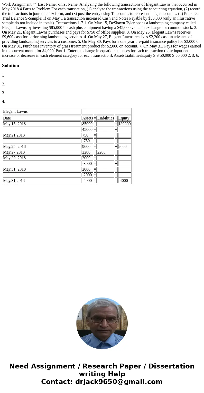  Work Assignment #4 Last Name: -First Name: Analyzing the following transactions of Elegant Lawns that occurred in May 2018 4 Parts to Problem For each transact