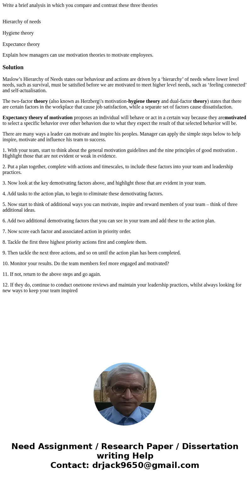 Write a brief analysis in which you compare and contrast these three theories Hierarchy of needs Hygiene theory Expectance theory Explain how managers can use m