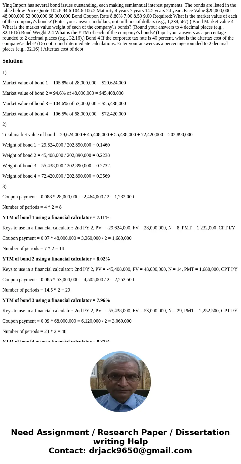 Ying Import has several bond issues outstanding, each making semiannual interest payments. The bonds are listed in the table below Price Quote 105.8 94.6 104.6  Ying Import has several bond issues outstanding, each making semiannual interest payments. The bonds are listed in the table below Price Quote 105.8 94.6 104.6