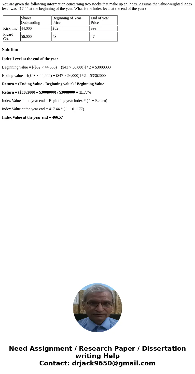 You are given the following information concerning two stocks that make up an index. Assume the value-weighted index level was 417.44 at the beginning of the ye You are given the following information concerning two stocks that make up an index. Assume the value-weighted index level was 417.44 at the beginning of the ye
