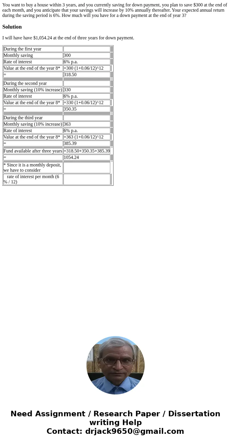 You want to buy a house within 3 years, and you currently saving for down payment, you plan to save $300 at the end of each month, and you anticipate that your 
