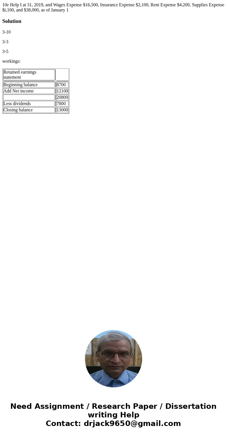  10e Help I at 31, 2019, and Wages Expense $16,500, Insurance Expense $2,100, Rent Expense $4.200, Supplies Expense $i,100, and $38,000, as of January 1 Solutio