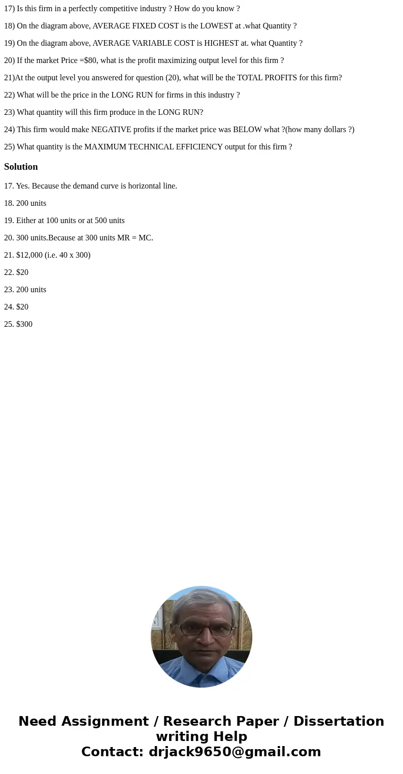 17) Is this firm in a perfectly competitive industry ? How do you know ? 18) On the diagram above, AVERAGE FIXED COST is the LOWEST at .what Quantity ? 19) On t 17) Is this firm in a perfectly competitive industry ? How do you know ? 18) On the diagram above, AVERAGE FIXED COST is the LOWEST at .what Quantity ? 19) On t