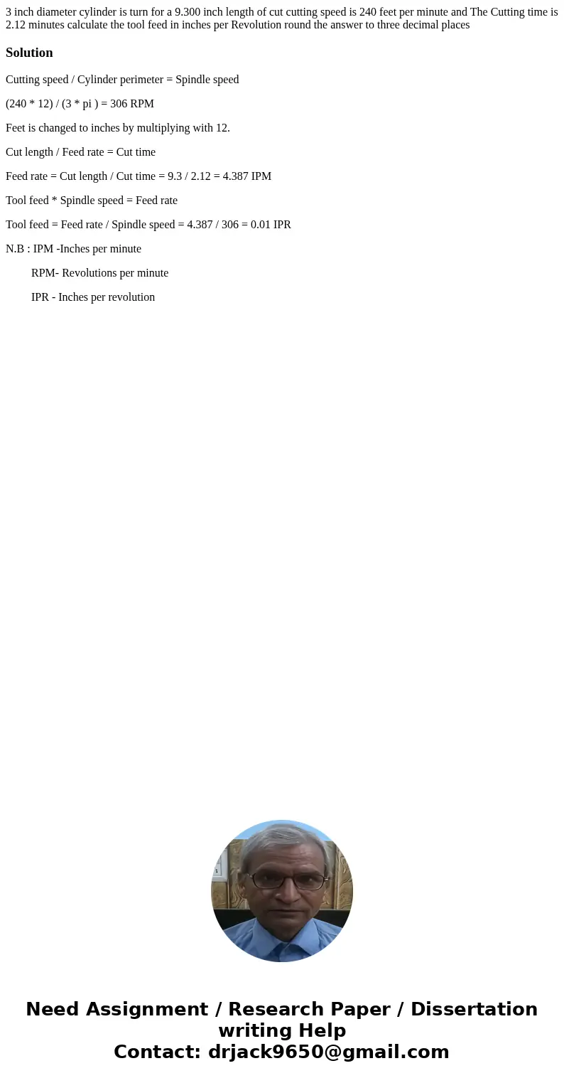 3 inch diameter cylinder is turn for a 9.300 inch length of cut cutting speed is 240 feet per minute and The Cutting time is 2.12 minutes calculate the tool fee 3 inch diameter cylinder is turn for a 9.300 inch length of cut cutting speed is 240 feet per minute and The Cutting time is 2.12 minutes calculate the tool fee