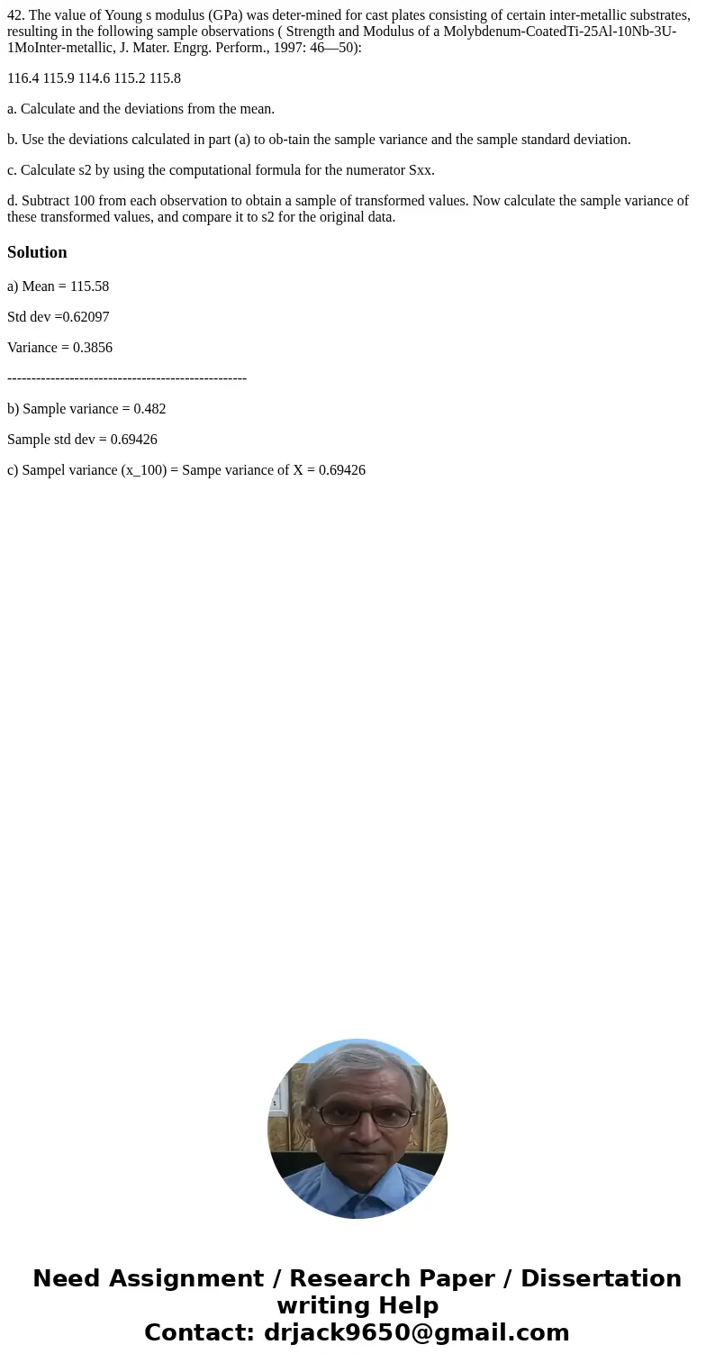 42. The value of Young s modulus (GPa) was deter-mined for cast plates consisting of certain inter-metallic substrates, resulting in the following sample observ 42. The value of Young s modulus (GPa) was deter-mined for cast plates consisting of certain inter-metallic substrates, resulting in the following sample observ