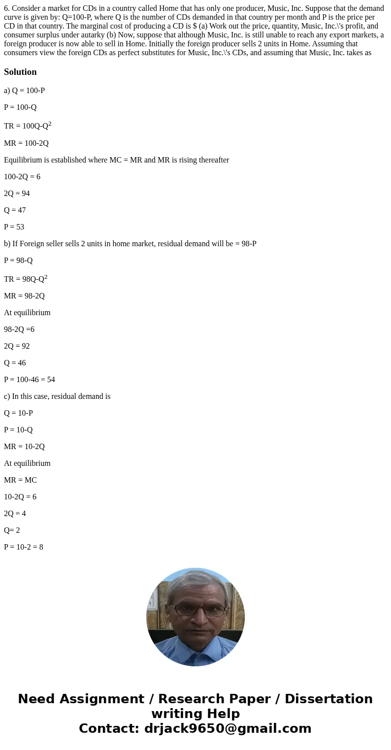 6. Consider a market for CDs in a country called Home that has only one producer, Music, Inc. Suppose that the demand curve is given by: Q=100-P, where Q is th  6. Consider a market for CDs in a country called Home that has only one producer, Music, Inc. Suppose that the demand curve is given by: Q=100-P, where Q is th