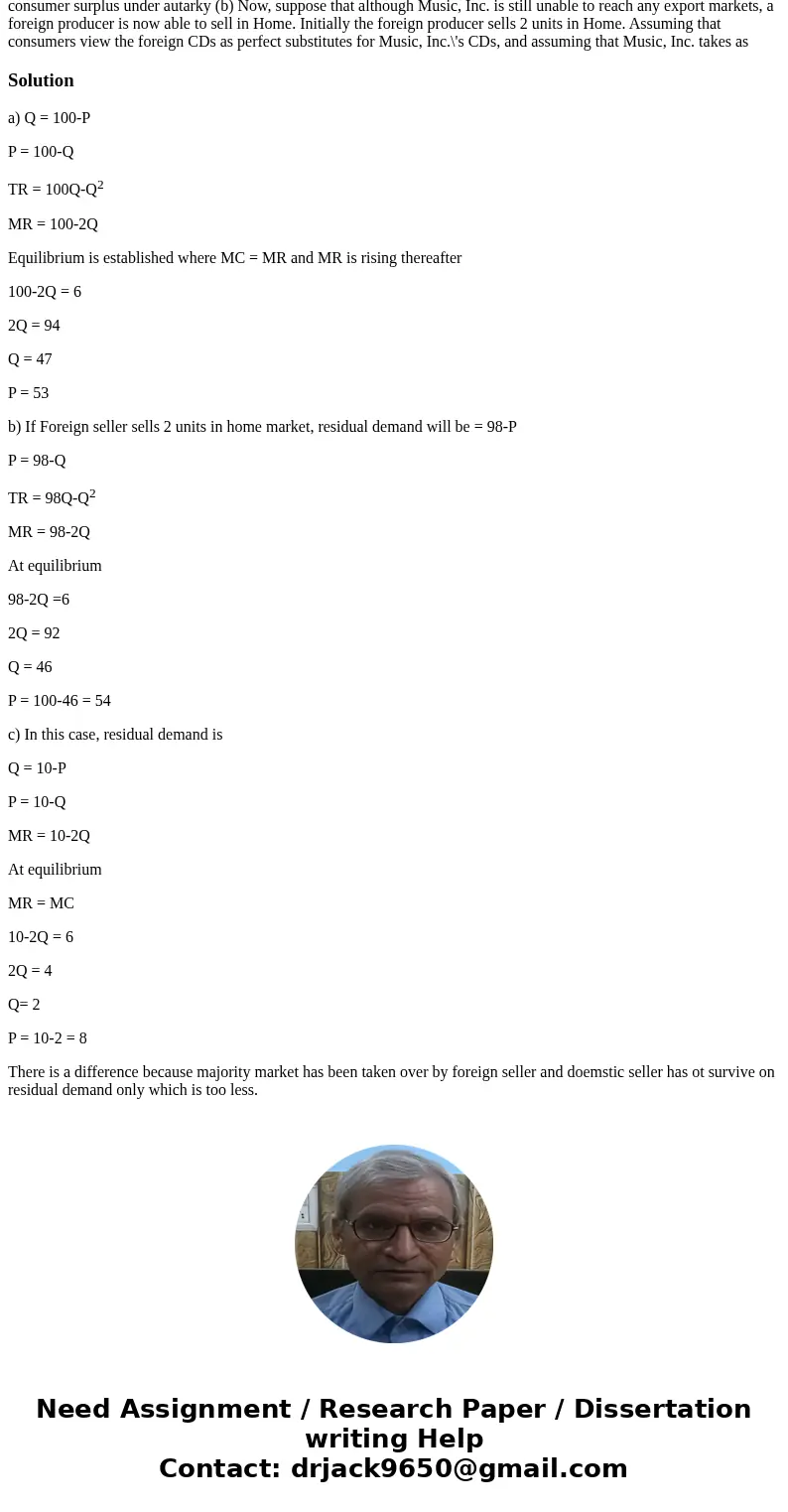 6. Consider a market for CDs in a country called Home that has only one producer, Music, Inc. Suppose that the demand curve is given by: Q=100-P, where Q is th  6. Consider a market for CDs in a country called Home that has only one producer, Music, Inc. Suppose that the demand curve is given by: Q=100-P, where Q is th