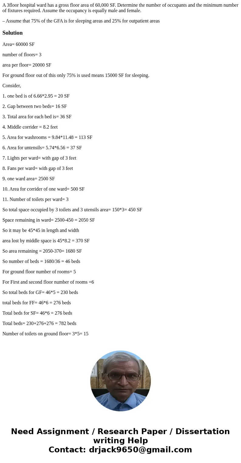 A 3floor hospital ward has a gross floor area of 60,000 SF. Determine the number of occupants and the minimum number of fixtures required. Assume the occupancy  A 3floor hospital ward has a gross floor area of 60,000 SF. Determine the number of occupants and the minimum number of fixtures required. Assume the occupancy