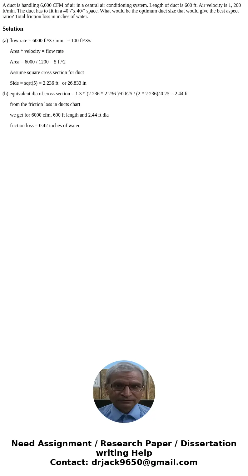 A duct is handling 6,000 CFM of air in a central air conditioning system. Length of duct is 600 ft. Air velocity is 1, 200 ft/min. The duct has to fit in a 40   A duct is handling 6,000 CFM of air in a central air conditioning system. Length of duct is 600 ft. Air velocity is 1, 200 ft/min. The duct has to fit in a 40