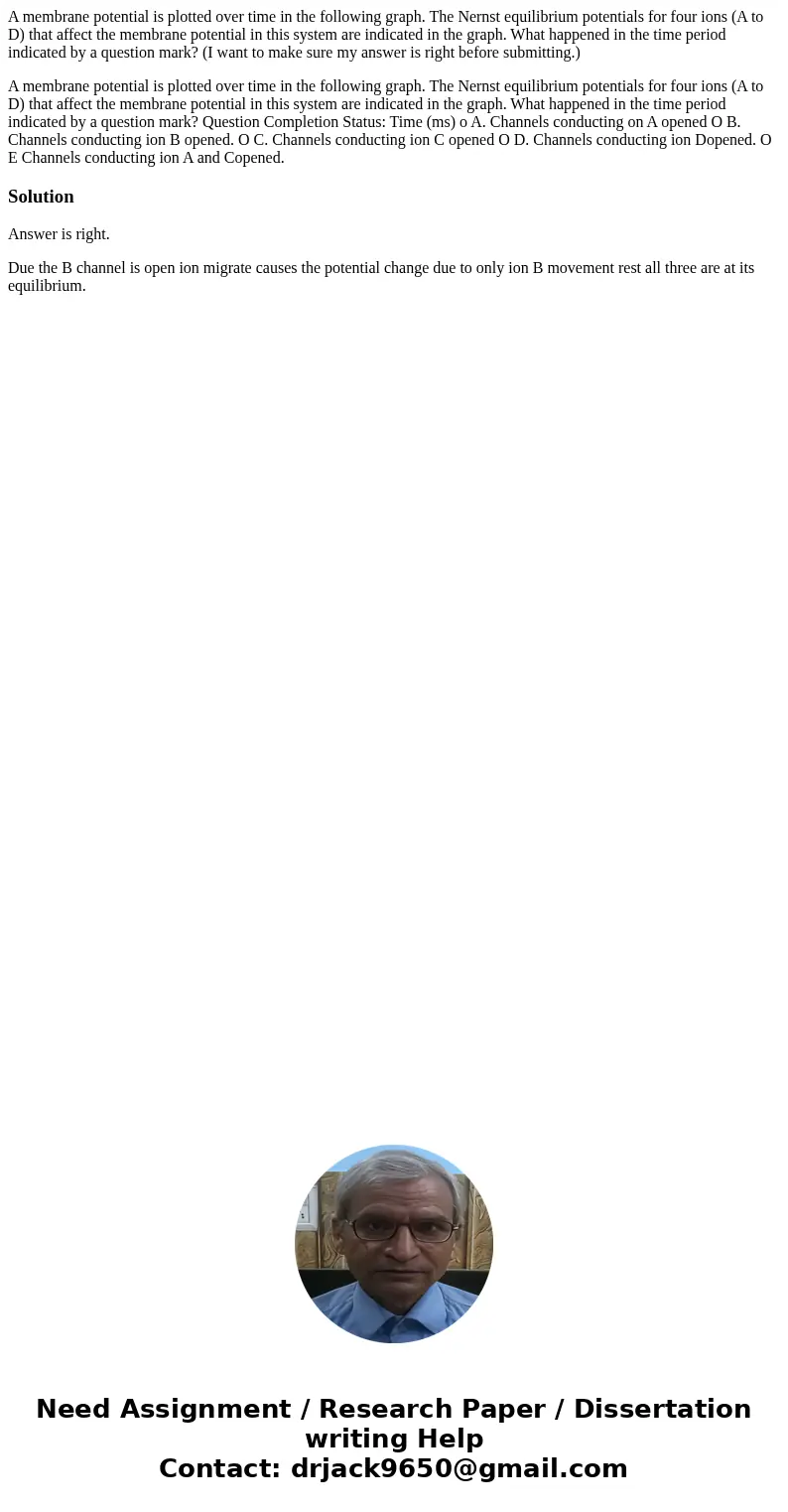 A membrane potential is plotted over time in the following graph. The Nernst equilibrium potentials for four ions (A to D) that affect the membrane potential in