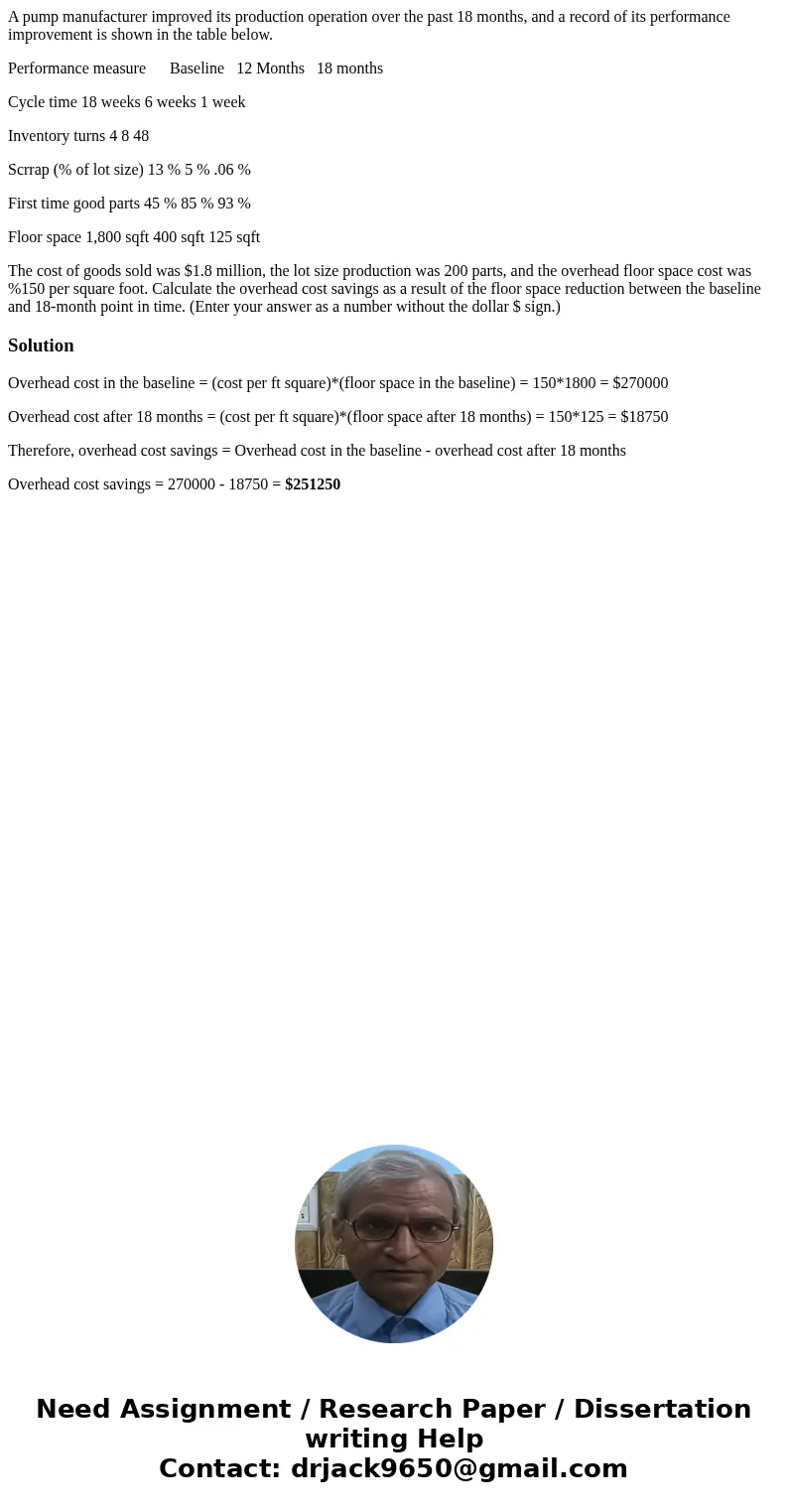 A pump manufacturer improved its production operation over the past 18 months, and a record of its performance improvement is shown in the table below. Performa A pump manufacturer improved its production operation over the past 18 months, and a record of its performance improvement is shown in the table below. Performa
