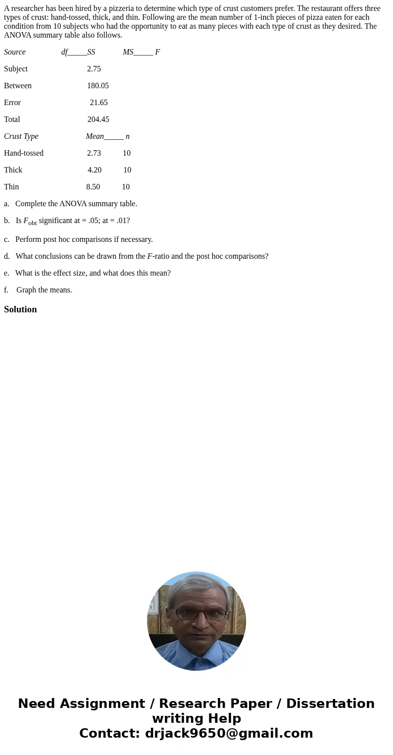 A researcher has been hired by a pizzeria to determine which type of crust customers prefer. The restaurant offers three types of crust: hand-tossed, thick, and A researcher has been hired by a pizzeria to determine which type of crust customers prefer. The restaurant offers three types of crust: hand-tossed, thick, and