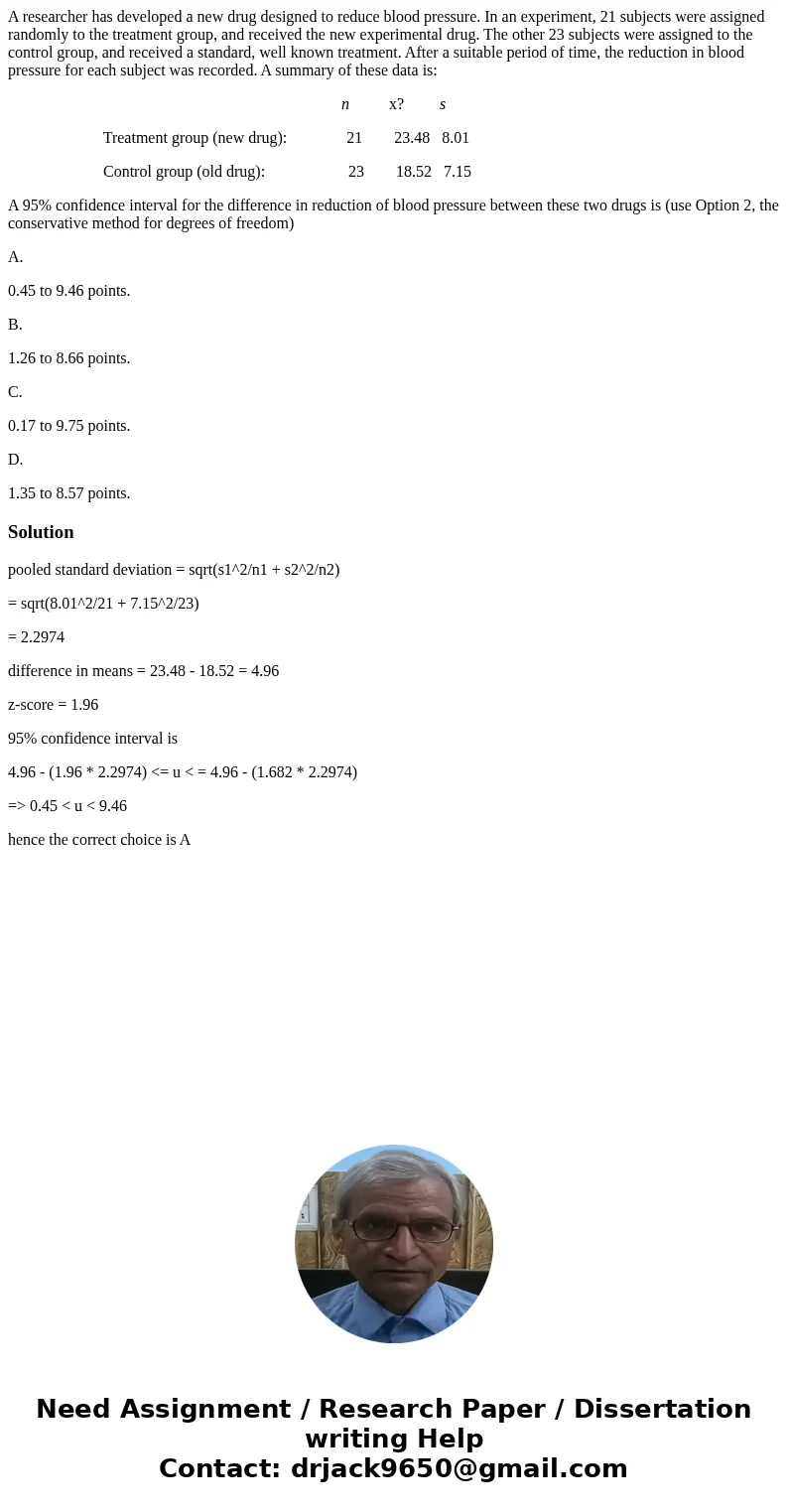A researcher has developed a new drug designed to reduce blood pressure. In an experiment, 21 subjects were assigned randomly to the treatment group, and receiv