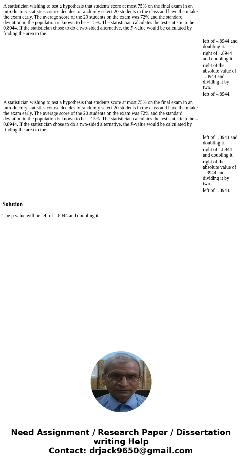  A statistician wishing to test a hypothesis that students score at most 75% on the final exam in an introductory statistics course decides to randomly select 2