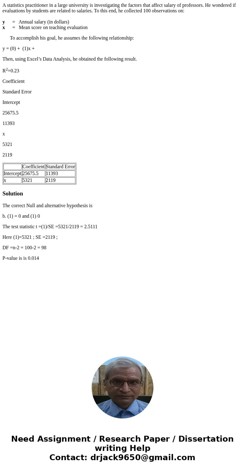 A statistics practitioner in a large university is investigating the factors that affect salary of professors. He wondered if evaluations by students are relate A statistics practitioner in a large university is investigating the factors that affect salary of professors. He wondered if evaluations by students are relate