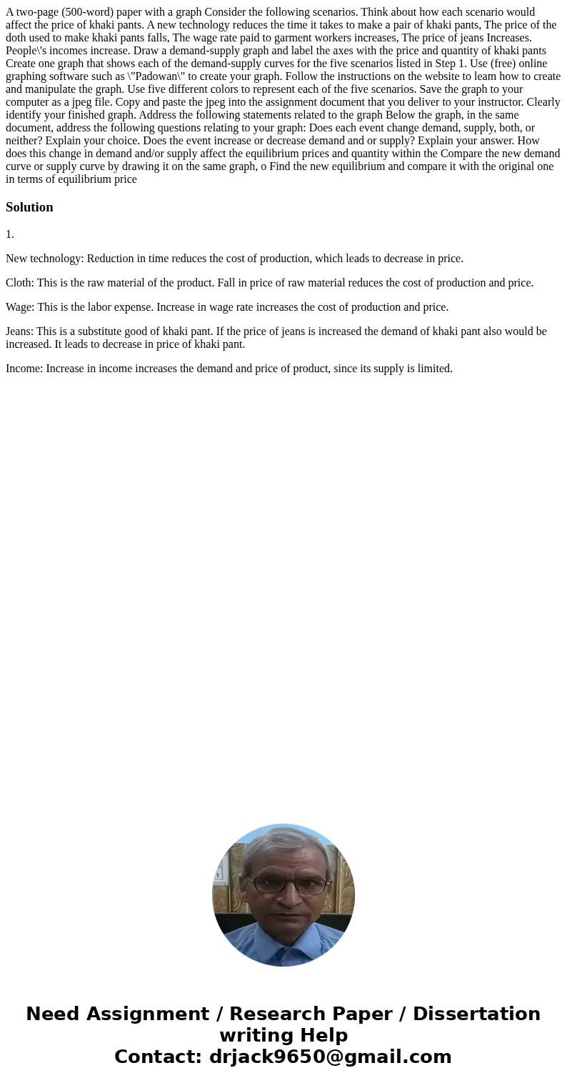 A two-page (500-word) paper with a graph Consider the following scenarios. Think about how each scenario would affect the price of khaki pants. A new technolog  A two-page (500-word) paper with a graph Consider the following scenarios. Think about how each scenario would affect the price of khaki pants. A new technolog