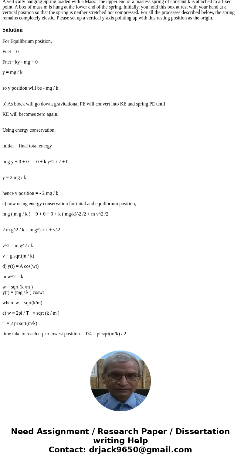 A vertically hanging Spring loaded with a Mass: The upper end of a masless spring of constant k is attached to a fixed point. A box of mass m is hung at the lo  A vertically hanging Spring loaded with a Mass: The upper end of a masless spring of constant k is attached to a fixed point. A box of mass m is hung at the lo