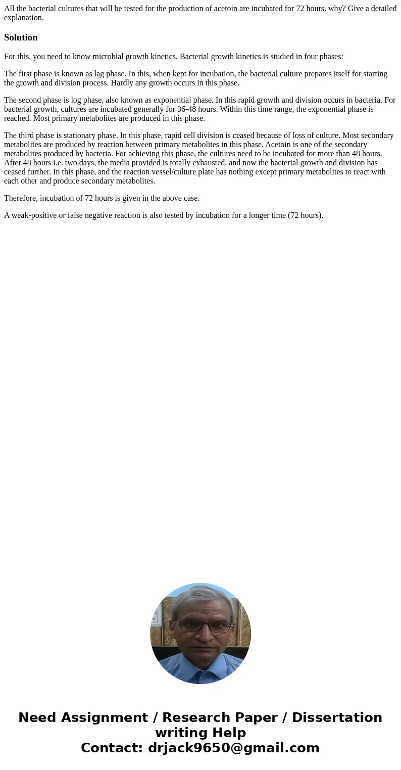 All the bacterial cultures that will be tested for the production of acetoin are incubated for 72 hours. why? Give a detailed explanation.SolutionFor this, you  All the bacterial cultures that will be tested for the production of acetoin are incubated for 72 hours. why? Give a detailed explanation.SolutionFor this, you