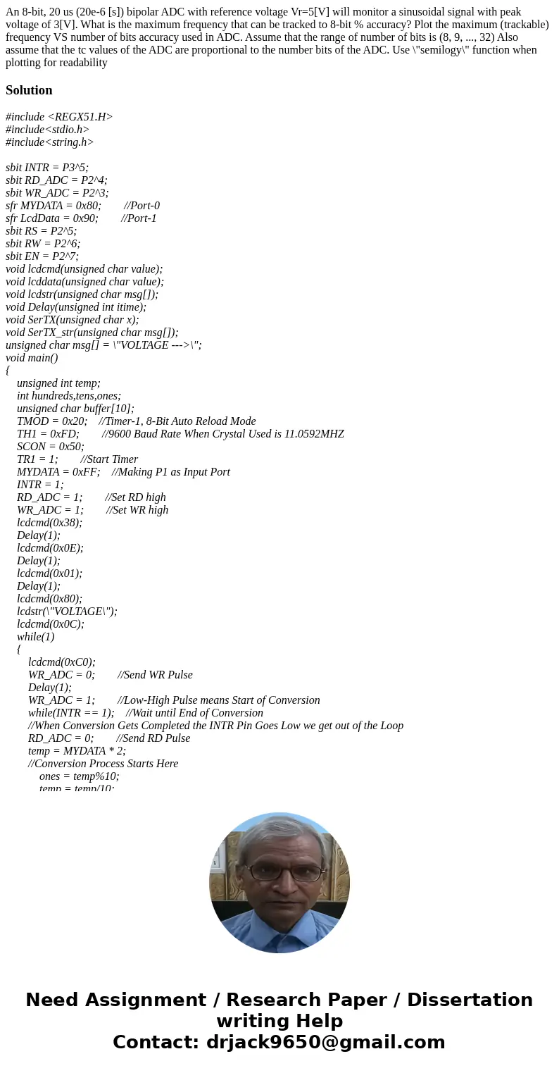  An 8-bit, 20 us (20e-6 [s]) bipolar ADC with reference voltage Vr=5[V] will monitor a sinusoidal signal with peak voltage of 3[V]. What is the maximum frequenc