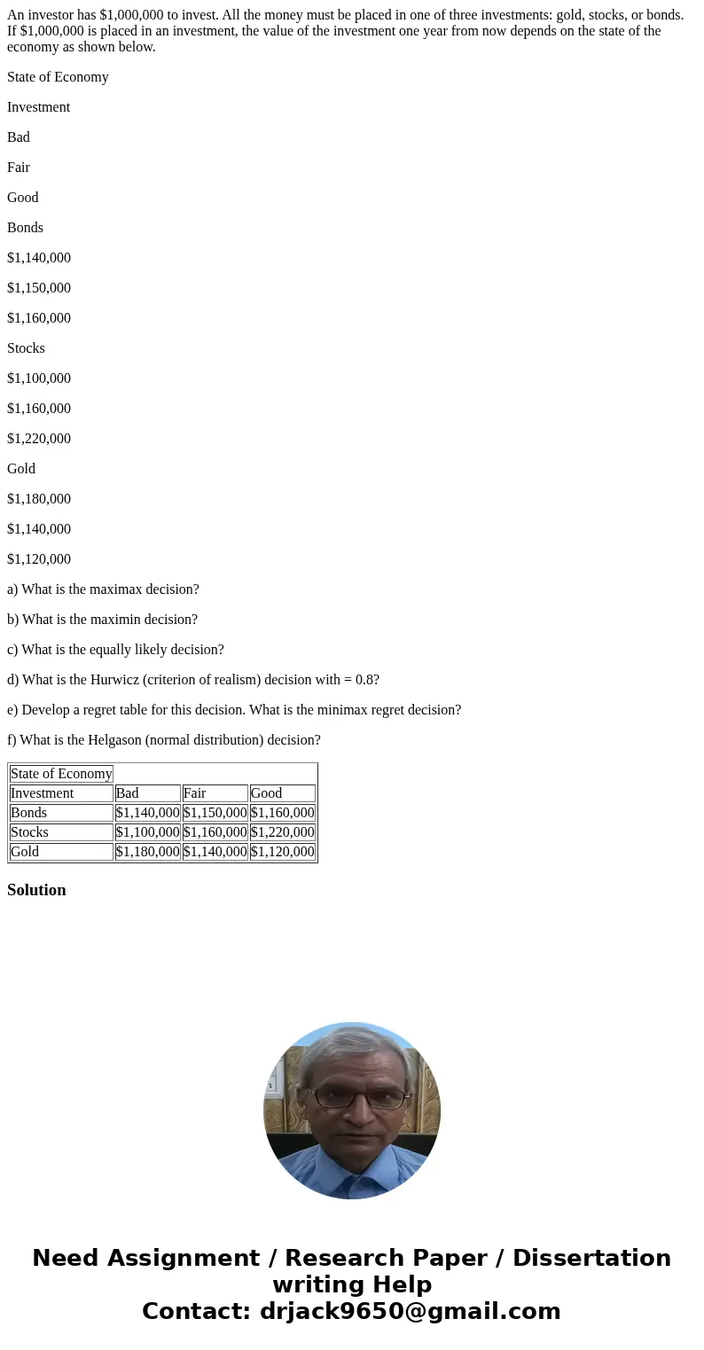 An investor has $1,000,000 to invest. All the money must be placed in one of three investments: gold, stocks, or bonds. If $1,000,000 is placed in an investment