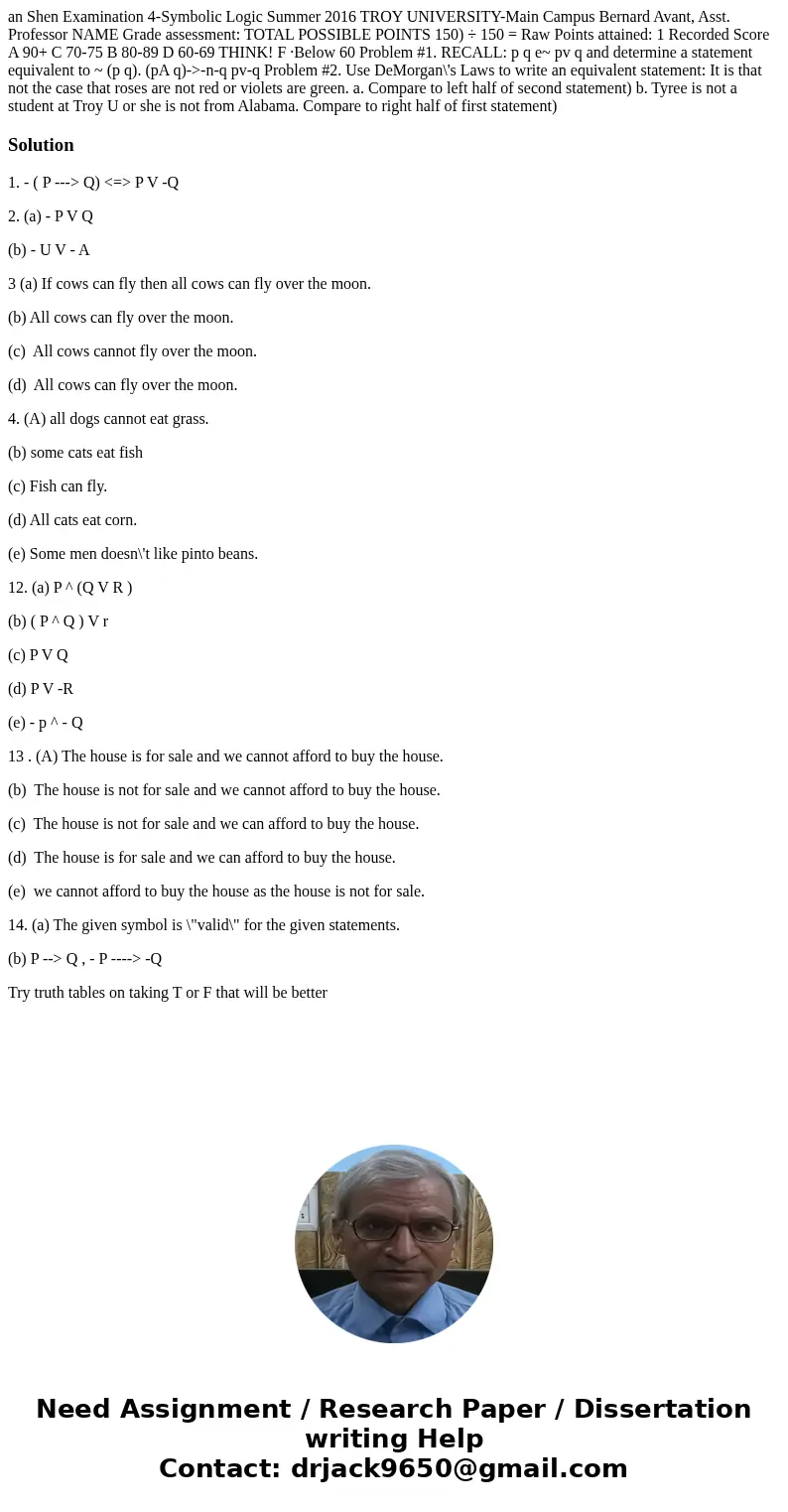  an Shen Examination 4-Symbolic Logic Summer 2016 TROY UNIVERSITY-Main Campus Bernard Avant, Asst. Professor NAME Grade assessment: TOTAL POSSIBLE POINTS 150) ÷