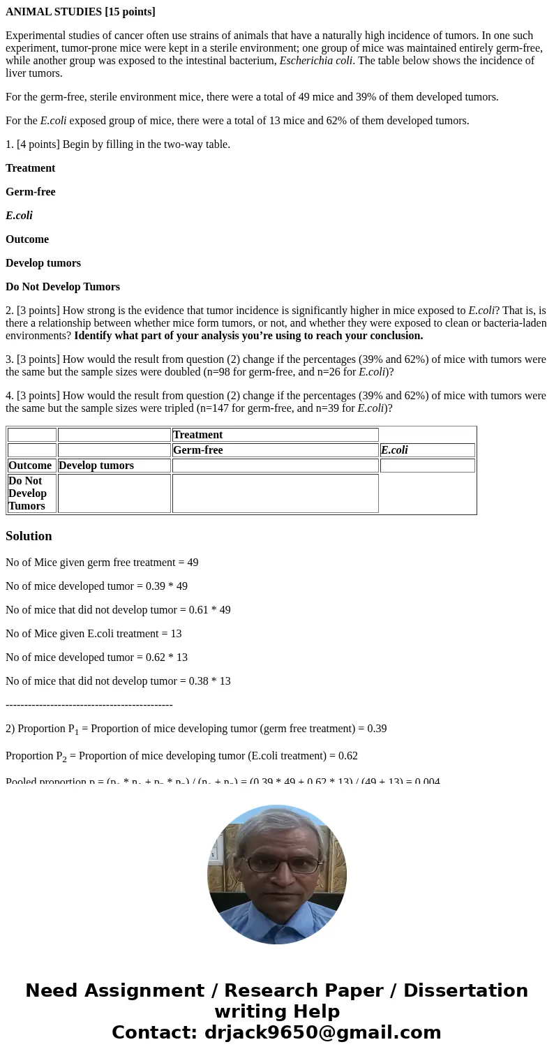 ANIMAL STUDIES [15 points] Experimental studies of cancer often use strains of animals that have a naturally high incidence of tumors. In one such experiment, t
